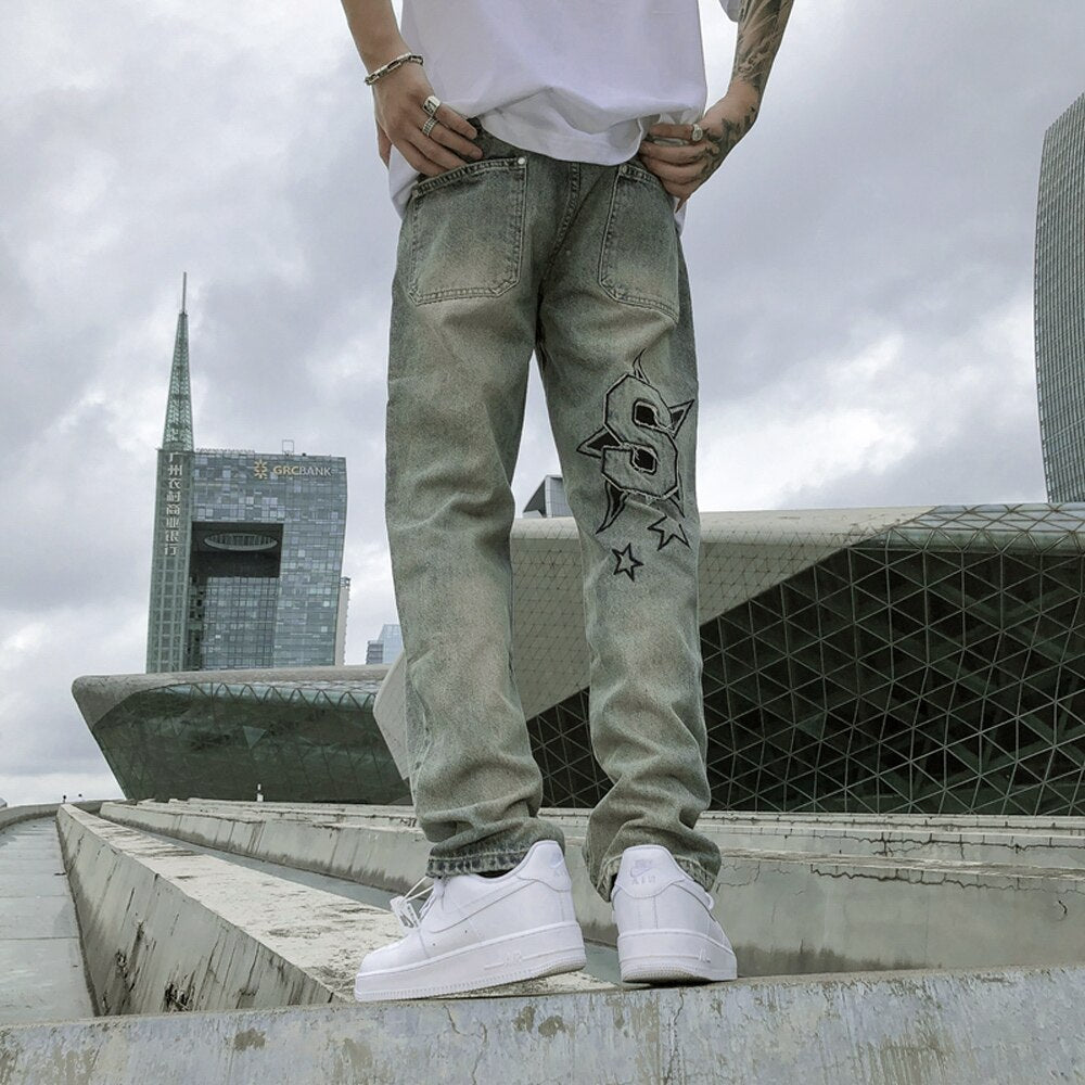 Street Jeans Men Vintage Distressed Letter Graphic Summer Hip Hop Fit Punk Streetwear Vaqueros Trousers Casual Y2k Denim Pants