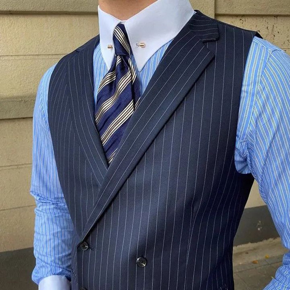 British Style Business Men's Striped Suit Vest Retro Double-breasted Elegant Slim Lapel Casual Men's Vest Retro Waistcoat Trendy