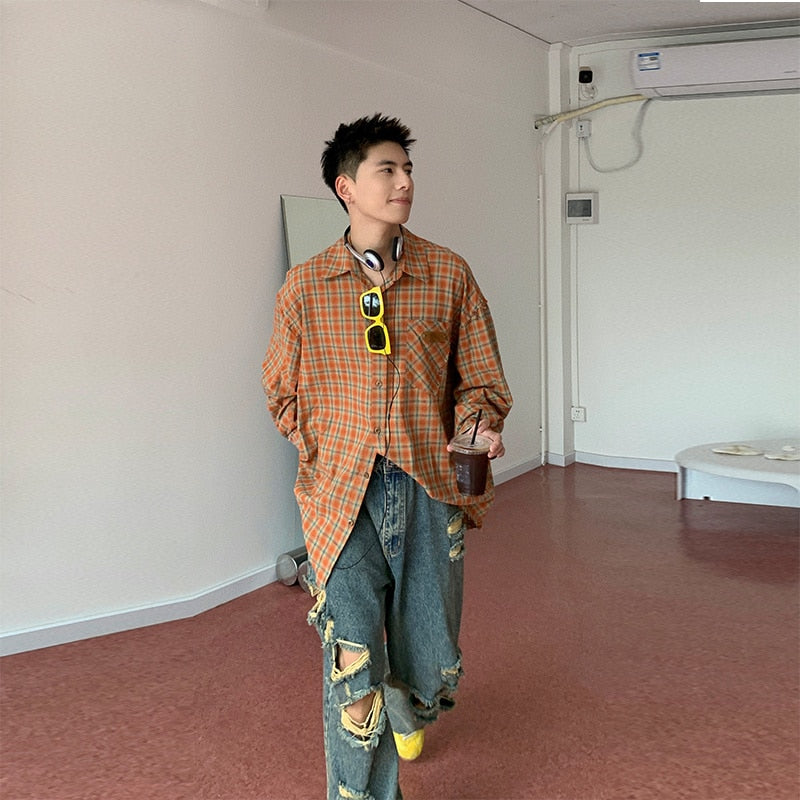 2023 Holocene American trendy Korean version orange plaid shirt Men's long sleeved loose and versatile lazy coat streetwear