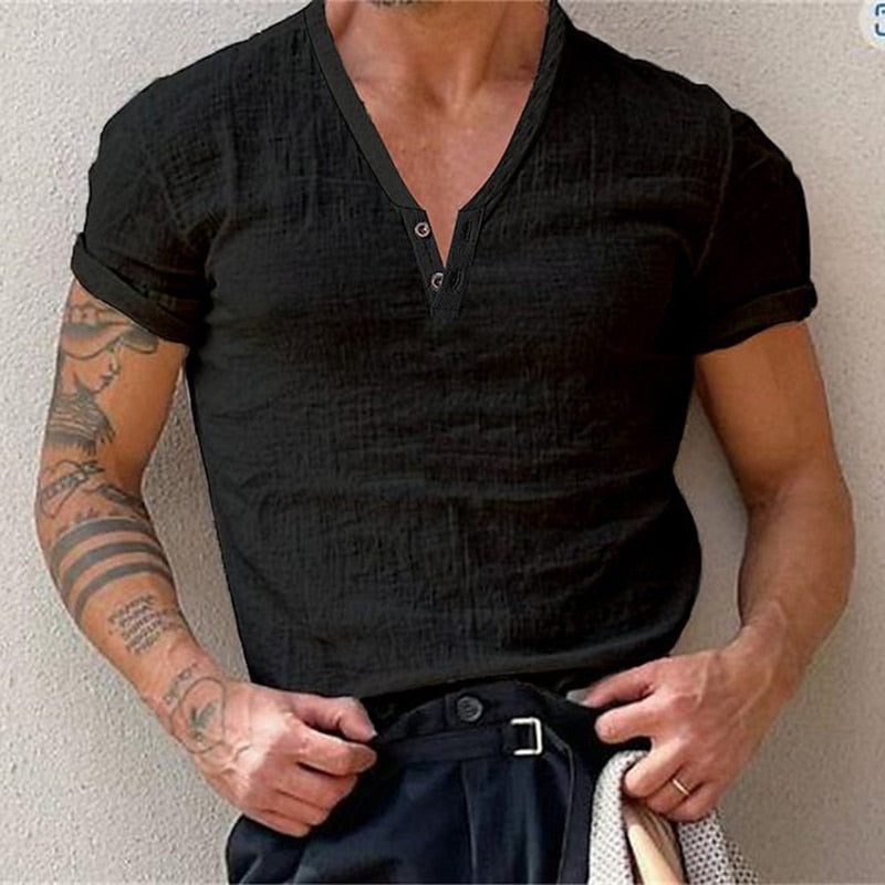 Vintage Design Cotton Linen Mens T Shirt Casual Solid Color V Neck Buttoned T-shirts Summer New Fashion Slim Short Sleeve Tops