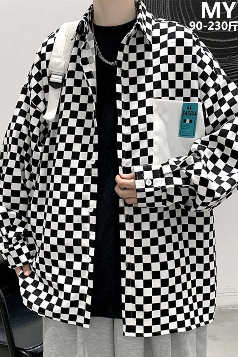 High Street Ins Checkerboard Long Sleeved Shirt Men's Spring Clothes plus Fat plus Size Trendy Fat People Loose Casual Coat