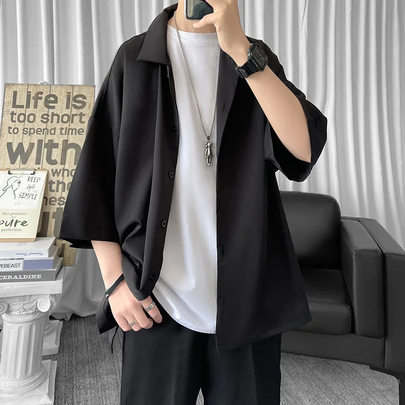 Solid Color Oversized Men's Shirts Harajuku Men Casual Half Sleeve Shirt Tops Cool Summer Streetwear Man Blouse 6 Colors