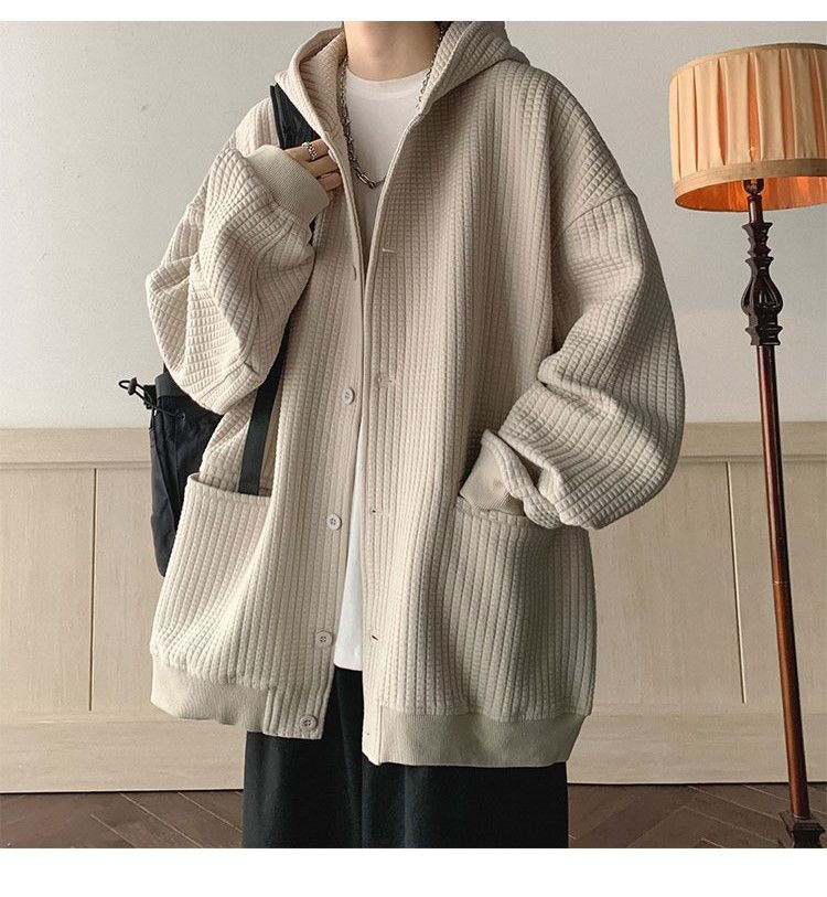 Spring Autumn Winter Fashion Casual Cardigan Jacket Men's Loose Cool Boys Soft Solid Button Hoodie Knitted Waffle Coat