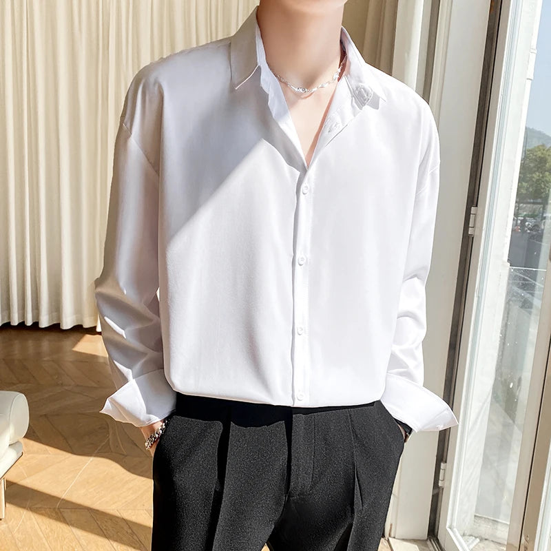 Autumn Men's Long Sleeve Shirts Fashion Korean Baggy No-iron Business Casual Elasticity Lapel Collar Shirt  White Light Blue