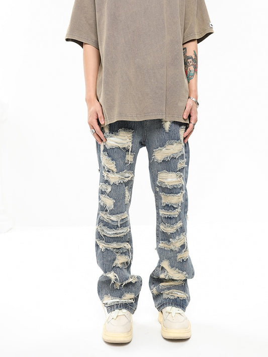 2023 American Heavy Industry Damaged Erosion Patch Design Sense Jeans High Street Perforated Cleanfit Pants pantalon homme jean