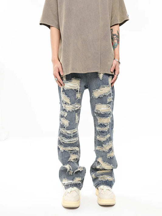 American Heavy Industry Damaged Erosion Patch Design Sense Jeans High Street Perforated Cleanfit Pants pantalon homme jean