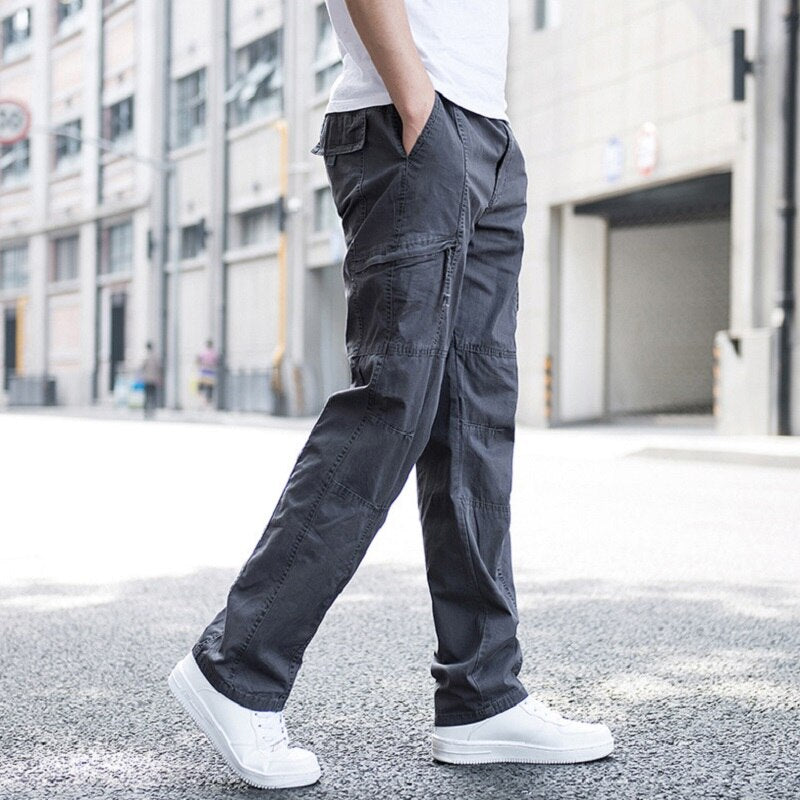 Big Size Men's Cargo Trousers Straight Leg Work Pant Men Loose Fit Cotton Summer Wide Overalls Male Side Multi Pocket large size