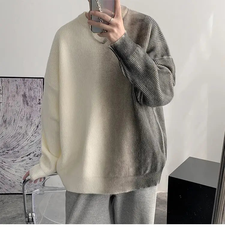 Fashion Autumn Winter Men's Cool Boy Casual Loose Tess Knitted Patchwork Pullover Sweater Soft Warm Color Gradation