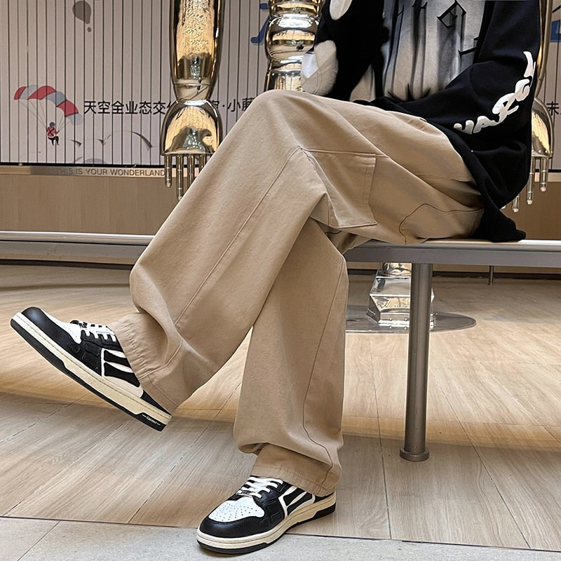 Summer Men's Straight Loose Khaki Thin Casual Pants Korean Fashion Streetwear Elastic Waist Soft Simple Trousers Male