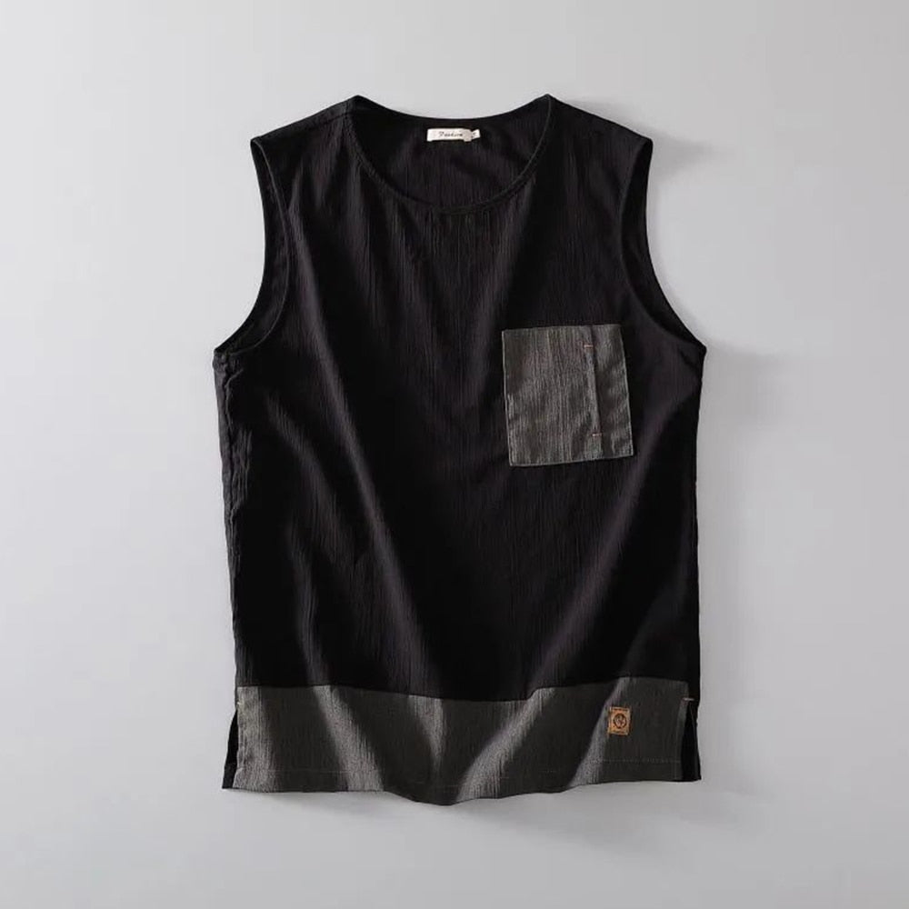 Summer Casual Thin Vest Trend Splicing Vest Sleeveless T-shirt Linen Retro Men's Trendy Round Neck All-match Tops Men's Clothing