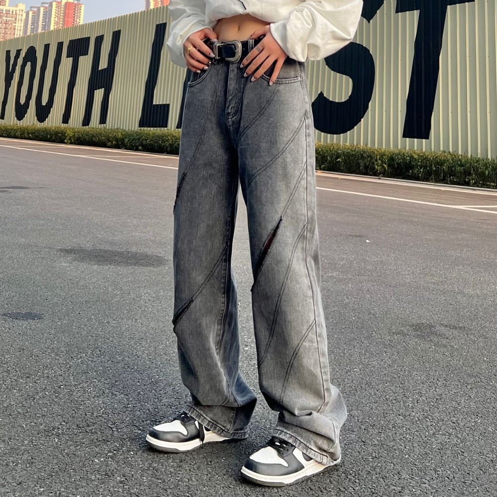 2023 American Street Perforated Design High Waist Straight Barrel Jeans for Women INS Fashion Brand High Street Explosive Street