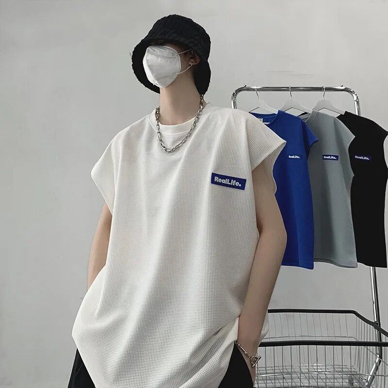 Summer Casual Pullover Shirt Tess Vest Men's Loose Cool Boy Versatile Sports Tops Solid Print Waffle Sleeveless Vest