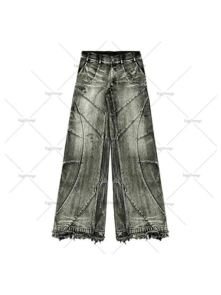 FORUWISH  -  Y2k Fashion New American Tassel Black And Gray Washed Jeans Men Street Gothic Punk Style Teenagers Retro Loose Wide-leg Pants