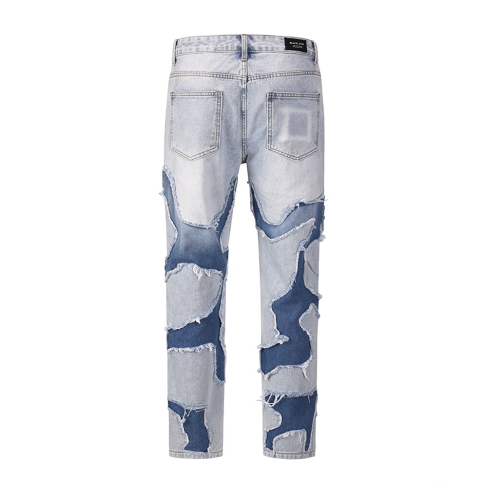 Vibe Style Patchwork Frayed Jeans Pants for Men Retro Washed Hole Ripped Casual Loose Denim Trousers Oversized