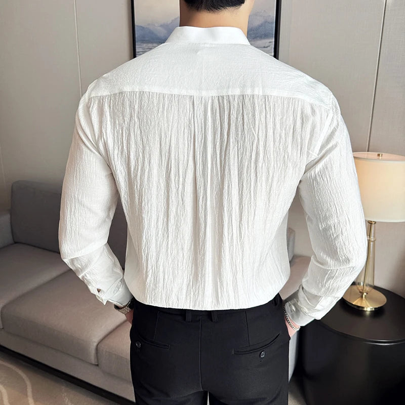 Men Linen Shirt, Chinese Standing Collar, 2024 Summer New Light and Thin Long Sleeved Shirt, Fashionable and Casual Men Clothing