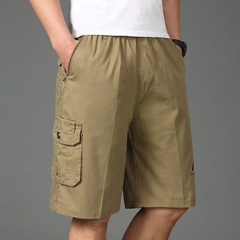 2023 Shorts Men Bermuda Cotton Pocket Zip Cargo Shorts Fashion Style Elastic Army Male Summer Casual Knee Length Vintage Yellow