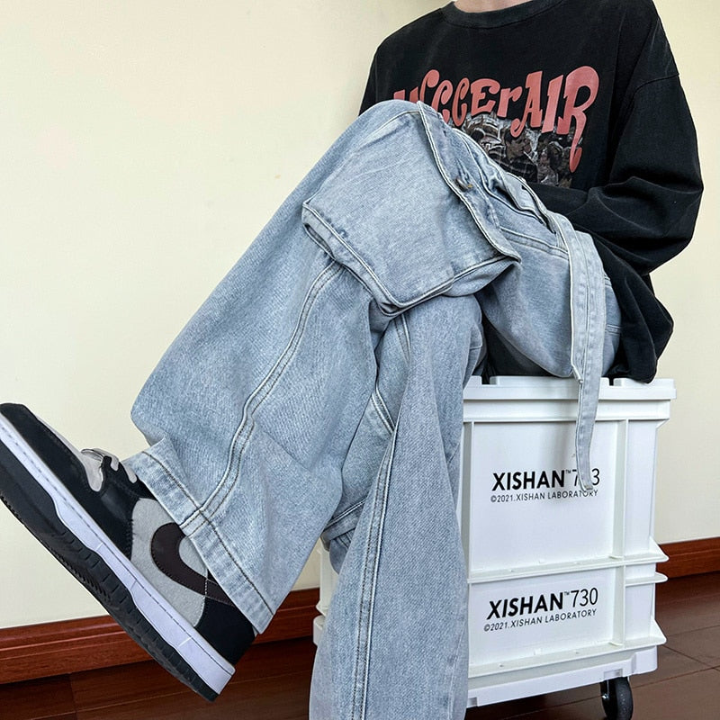 Multi-pocket American work clothes jeans Men's autumn and winter fashion brand ruffian handsome hip-hop high street loose 2023