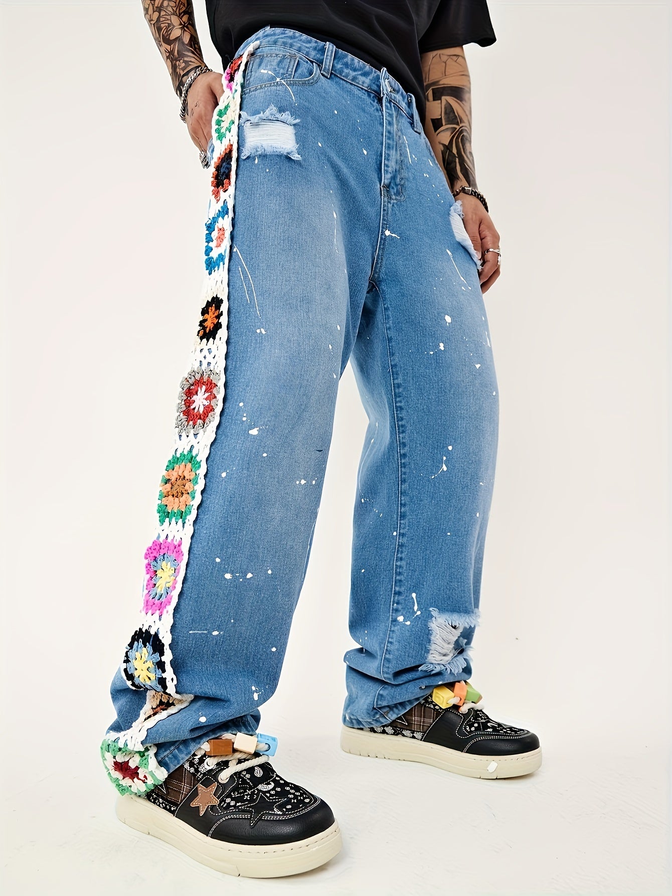 Unique Bohemian-Style Embroidered Wide-Leg Jeans for Men - Fashionable Artistic Denim Pants with Patchwork Design, Comfortable Fit, and Stylish Details - Perfect for Casual Wear and Fashion Enthusiasts