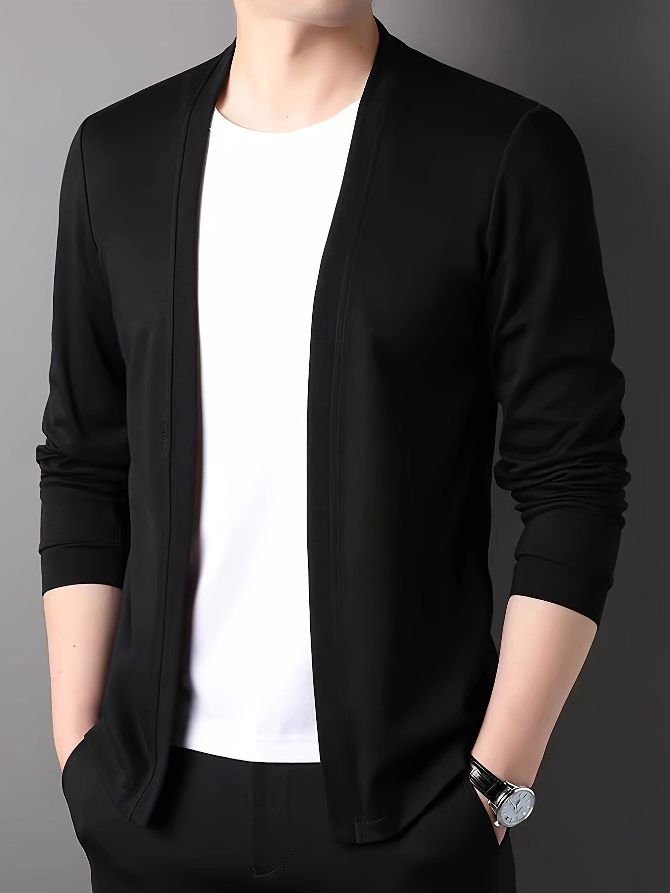 Men's Solid Knitted Cardigan, Casual Breathable Long Sleeve Slim-fit Open Front Sweater For Outdoor Activities