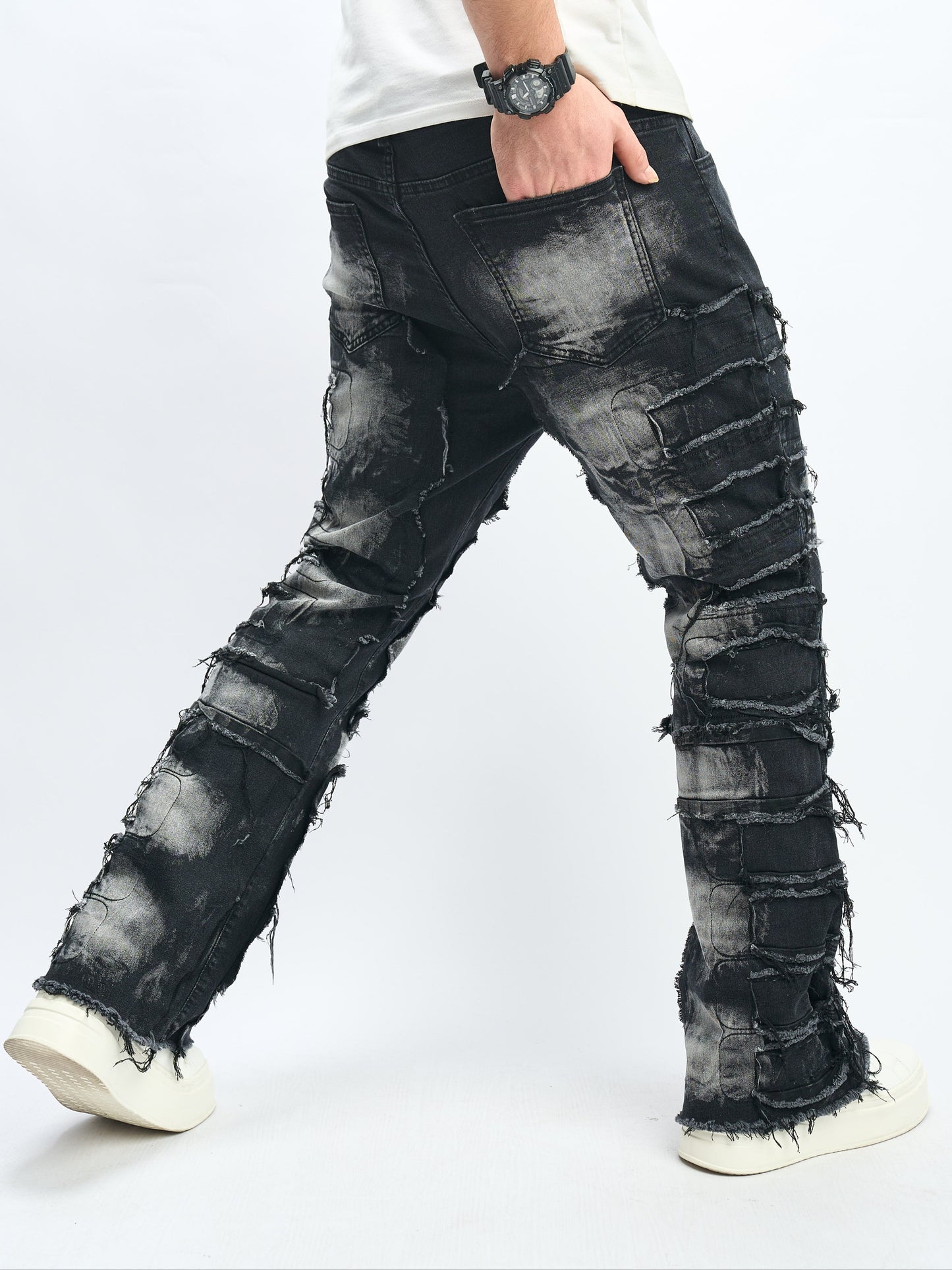 Men's Loose Fit Flares Jeans With Frayed Hem, Men's Stylish Comfy Denim Pants, Street Style Fashion