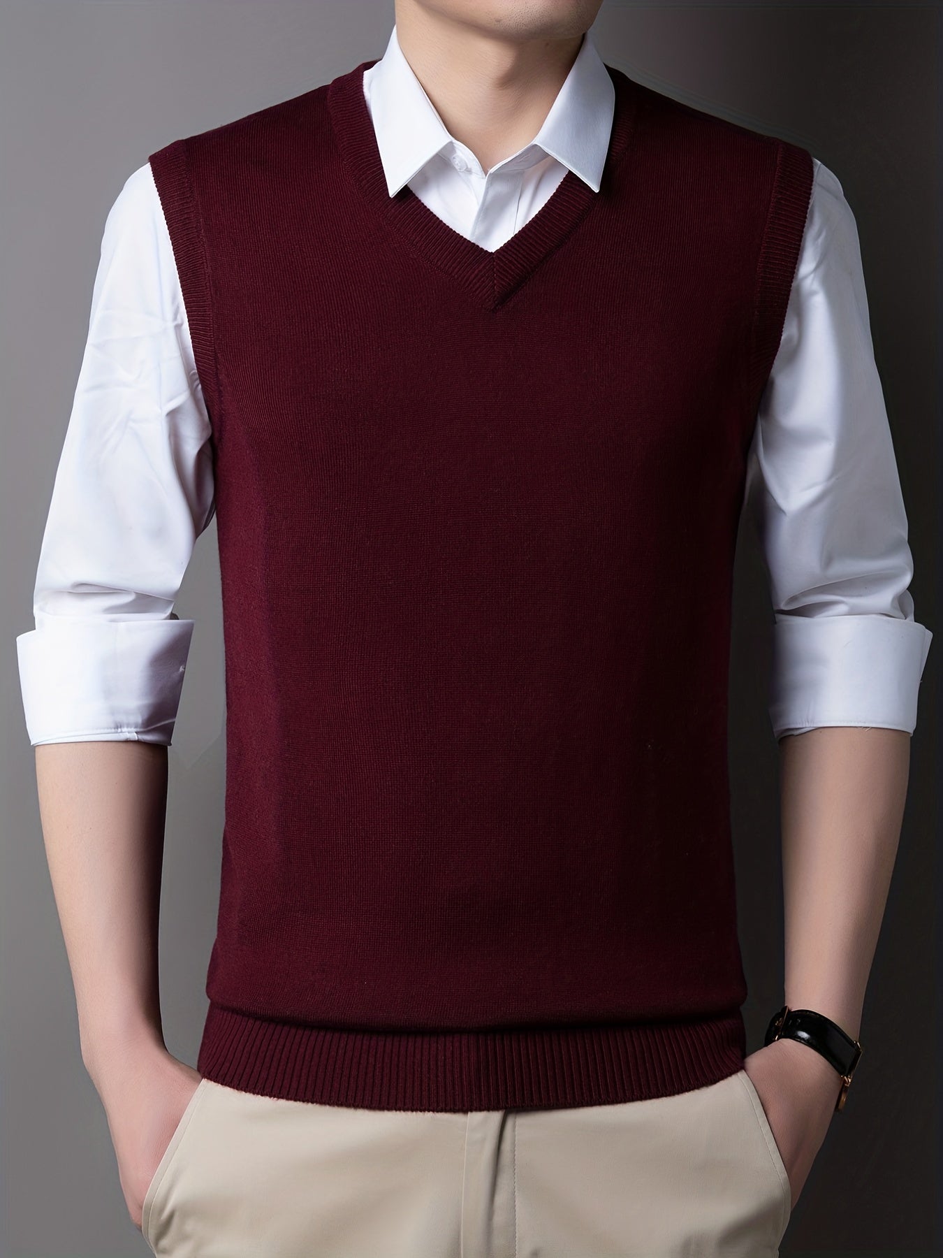 Casual Knitted Pullover, V-neck Sleeveless Thermal Jacket, Wool Vest, Men's Tank Top For Autumn And Winter