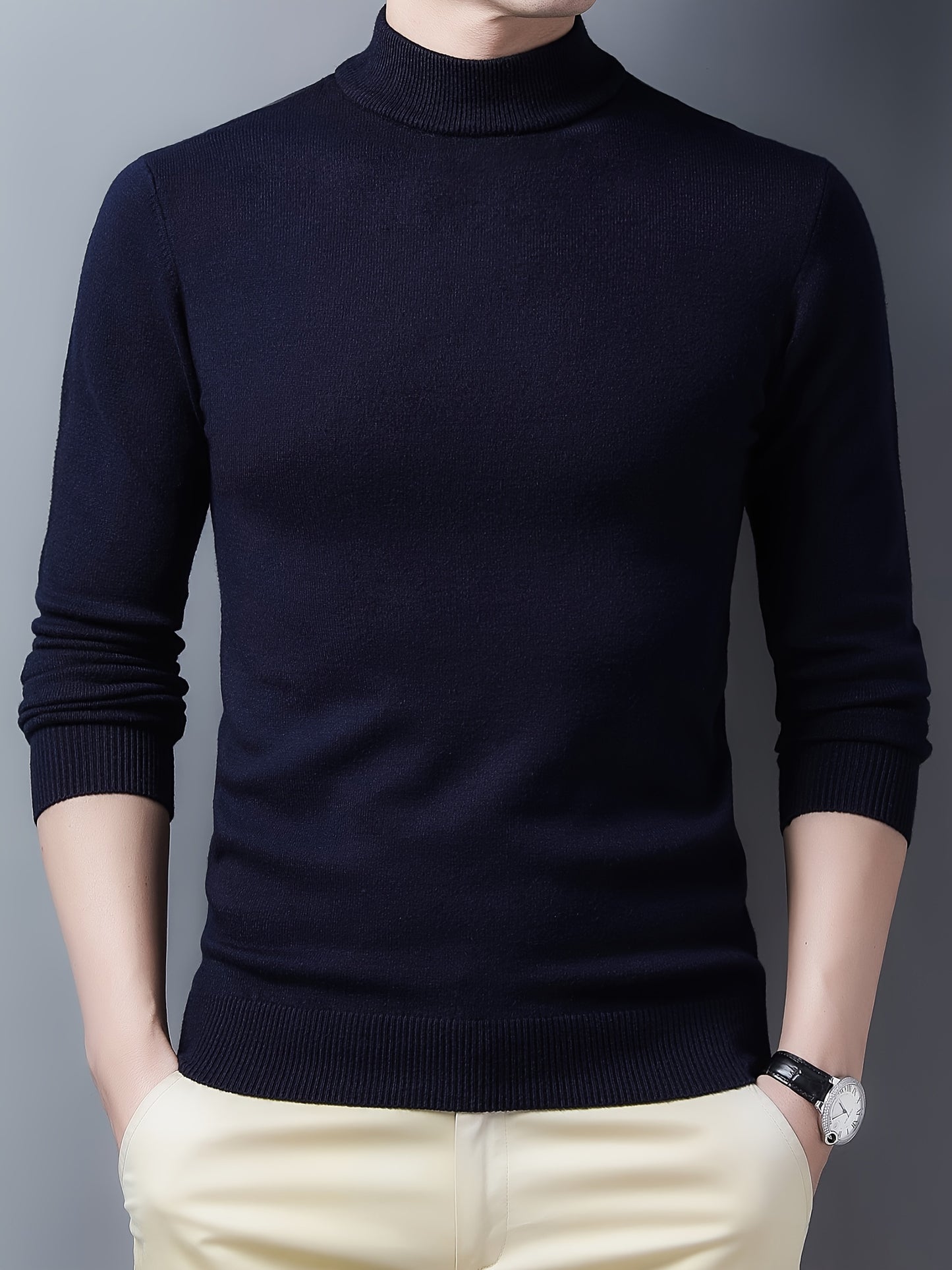 Men's Trendy Solid Knitted Pullover, Casual Mid Stretch Breathable Turtleneck Base Layer For Outdoor Fall Winter