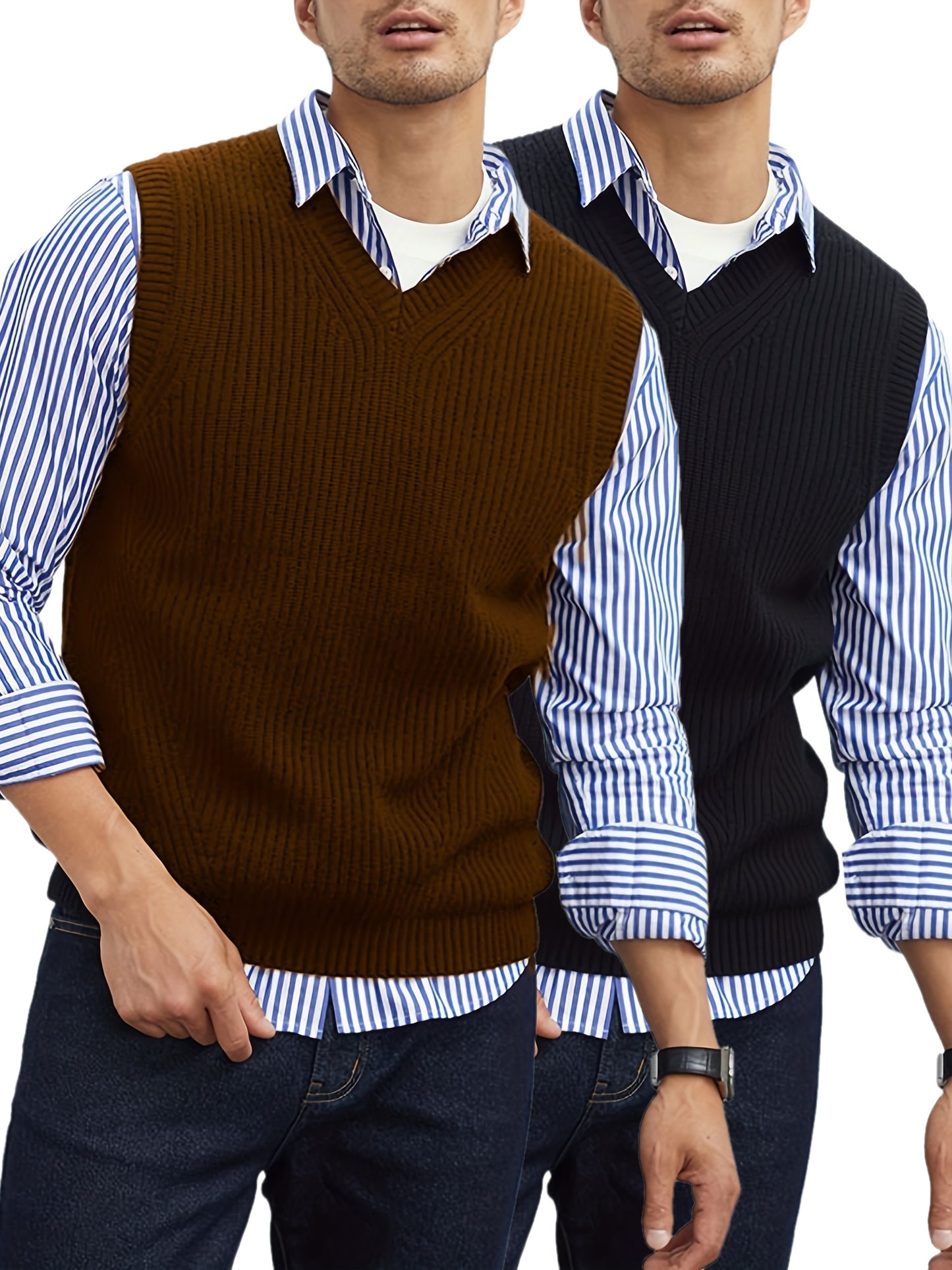 Men's V Neck Sweater Vest, Pullover Solid Color Sleeveless Sweaters Vest, Preppy Style