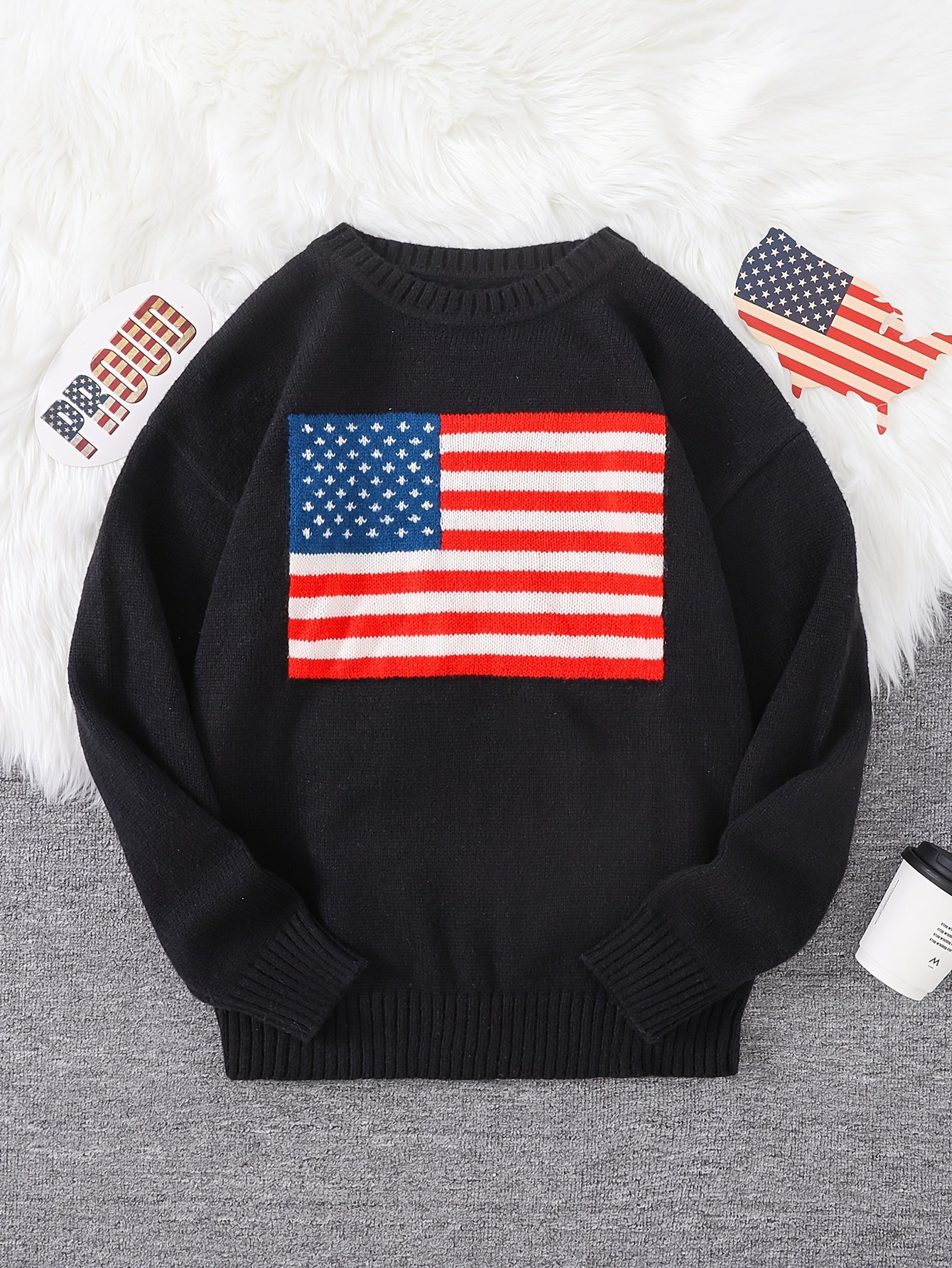 Autumn Fashion Cozy Long Sleeve Pullover Sweater - Soft Crew Neck Knitwear with American Flag Print, Warm and Breathable Outerwear for Daily Wear, Perfect for Casual Occasions - Stylish and Comfortable Top for Men