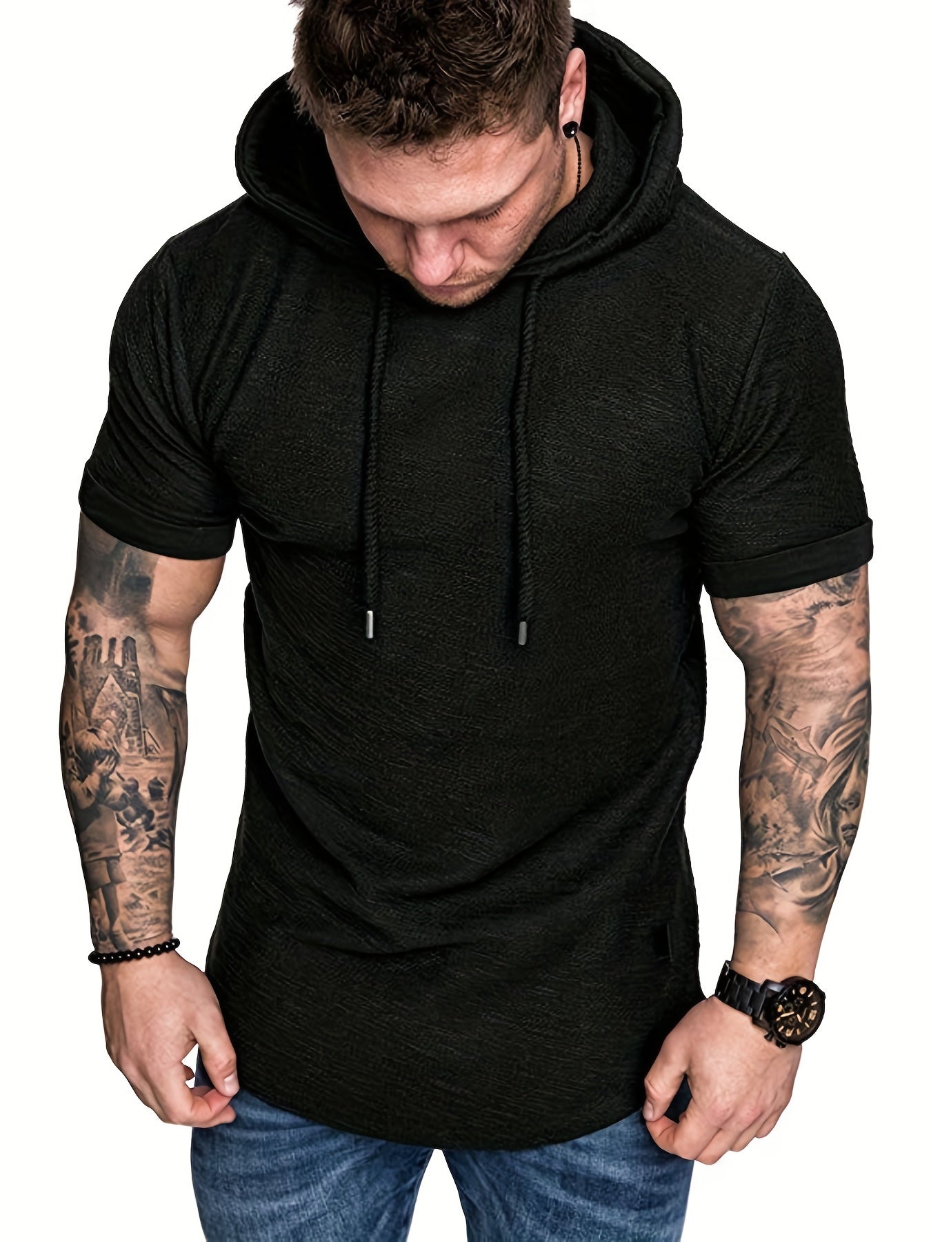 Comfort-Fit Men's Short Sleeve Hoodie - Breathable Knit, Solid Color, Durable & Easy-Care Sports T-shirt