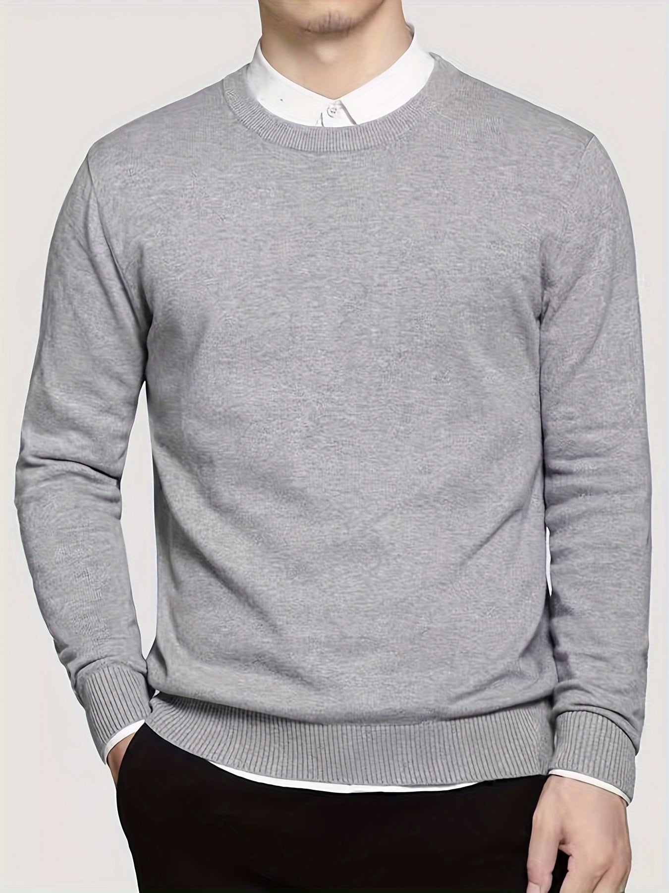 All Match Knitted Solid Sweater, Men's Casual Warm Slightly Stretch Crew Neck Pullover Sweater For Men Fall Winter