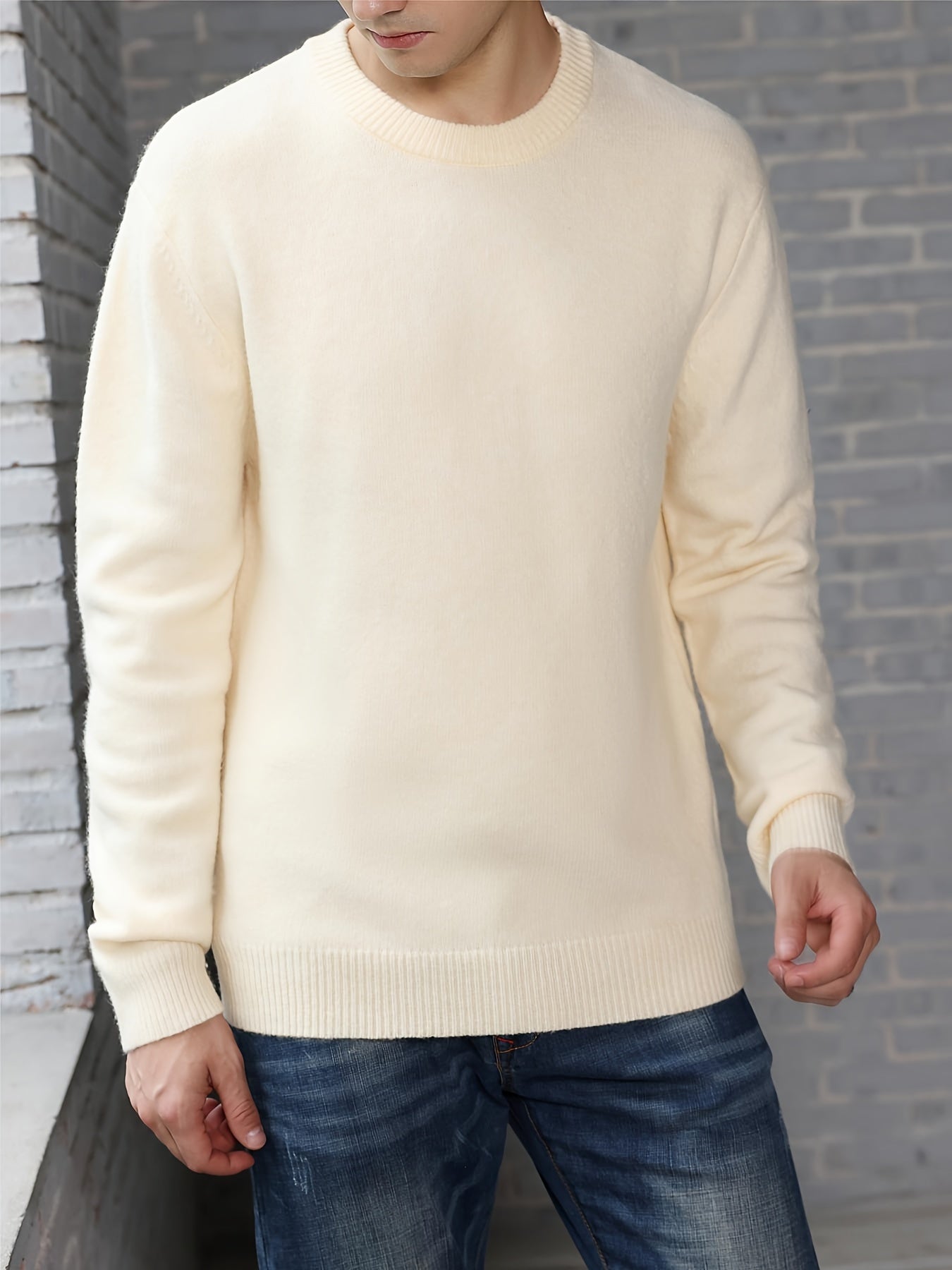 Men's Stylish Solid Knitted Pullover, Casual High Stretch Breathable Long Sleeve Crew Neck Top For City Walk Street Hanging Outdoor Activities