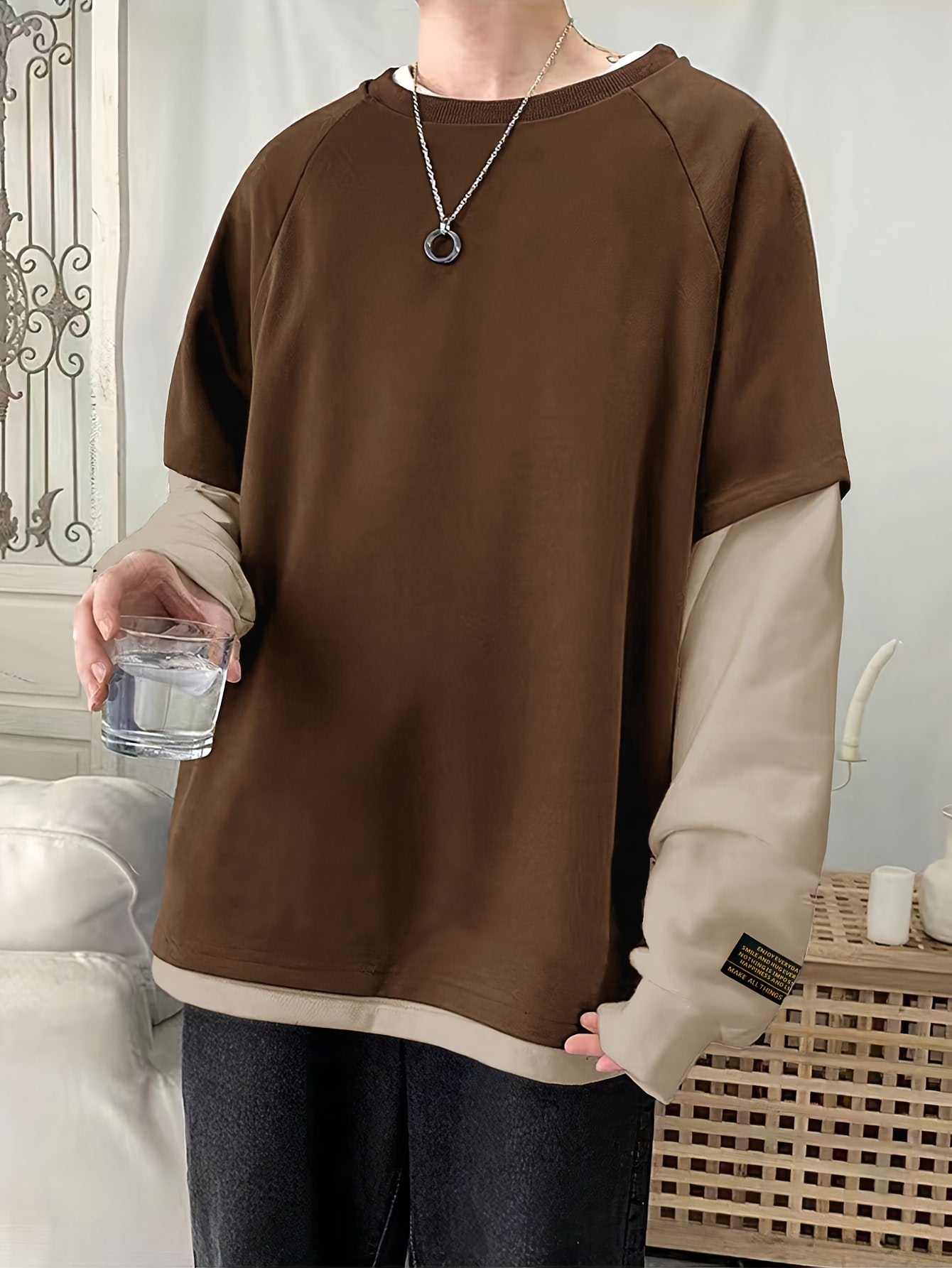 Loose Fit Long Sleeve Color Block Sweatshirt - Men's Casual Pullover with Pockets for Spring & Fall