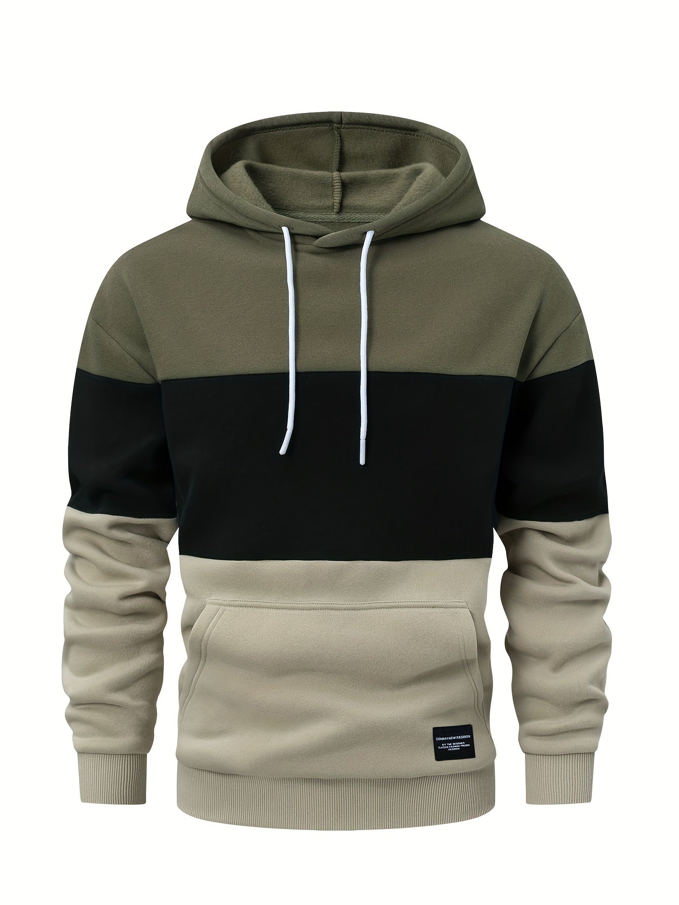 Mens Long Sleeve Color Block Hooded Sweatshirt - Soft Slight Stretch Polyester Fabric, Loose Fit, Kangaroo Pocket, Chic Outdoors Wear for Casual Style