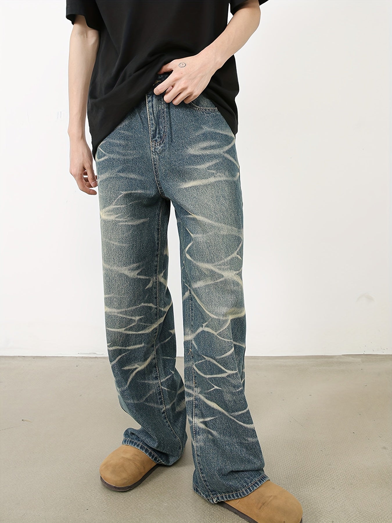 Men's loose fitting straight leg retro design denim street dance party water ripple denim casual pants