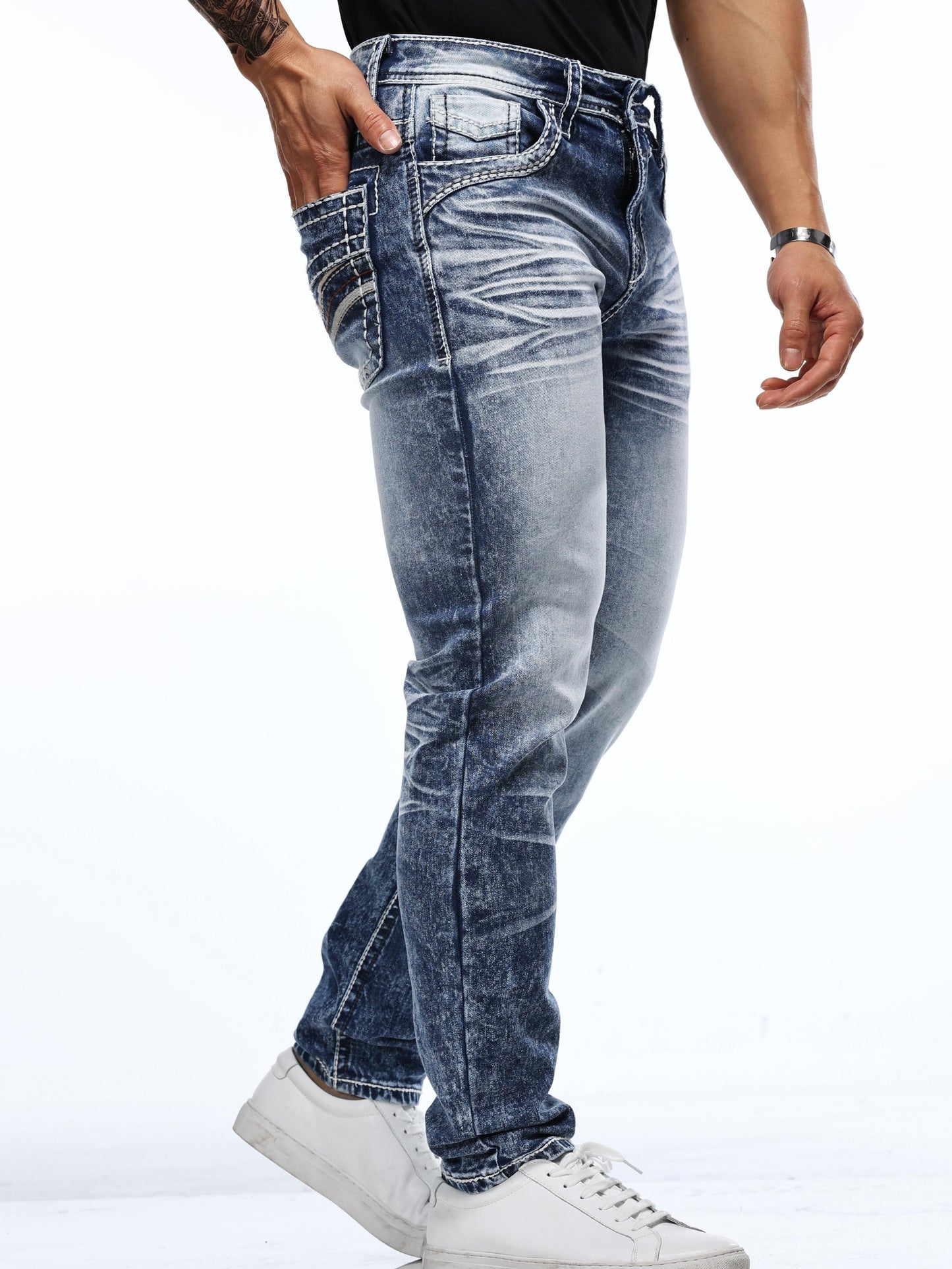 Authentic Vintage-Style Embroidered Slim Fit Jeans for Men - Premium Cotton Blend Denim with Mid-Stretch Fabric, Machine Washable, Comfortable, and Durable