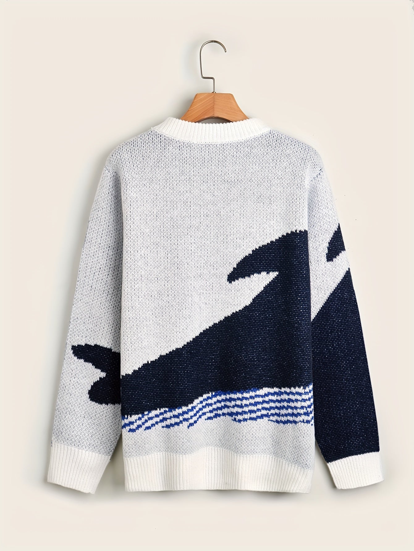 Cartoon Whale Print, Loose Fit Warm Sweater, Men's Casual Retro Style Slightly Stretch Crew Neck Pullover Sweater For Fall Winter