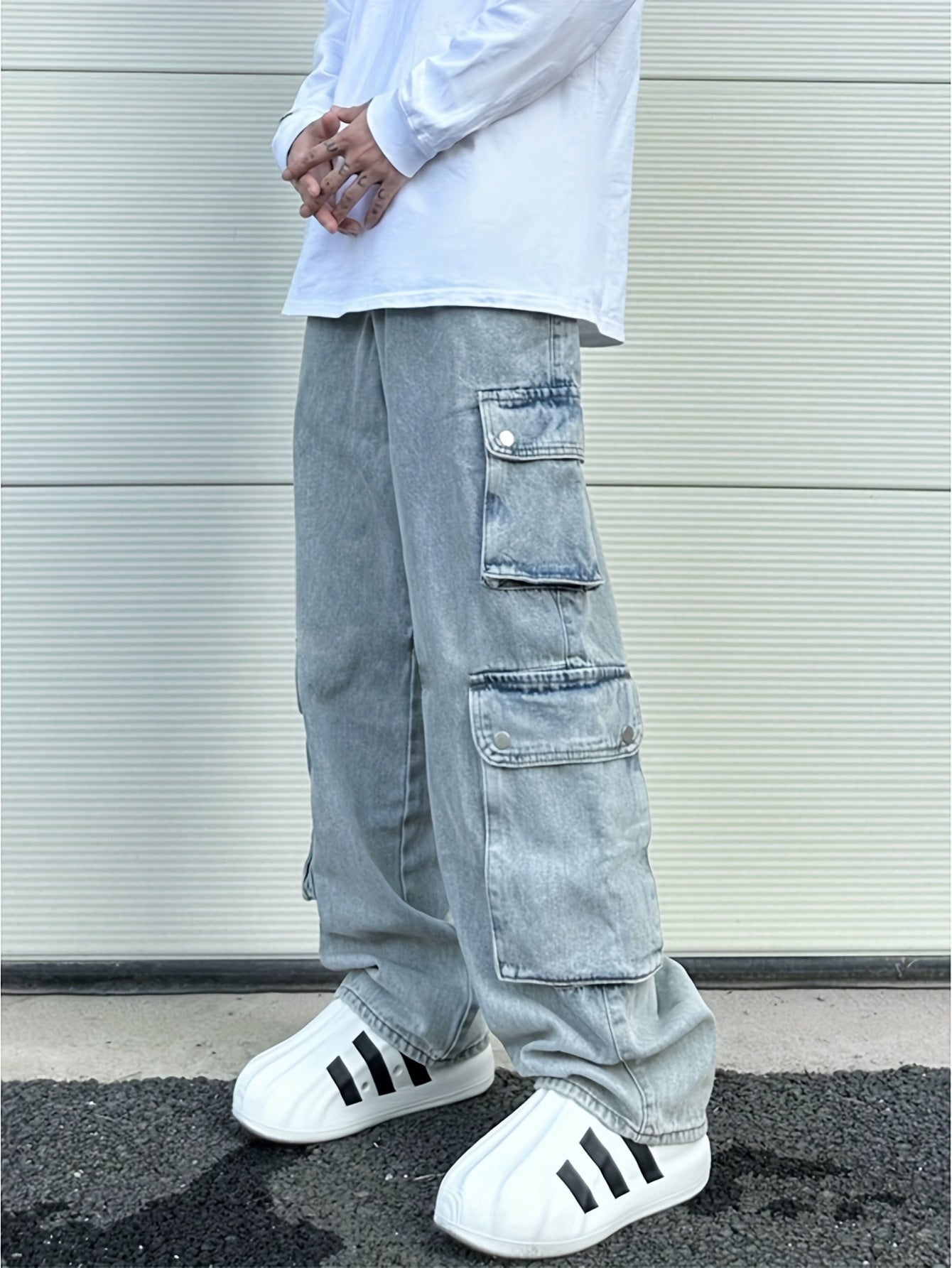 Men's Fashionable Street Style Multi-Pocket Denim Jeans, Casual Loose Fit Straight Leg Pants