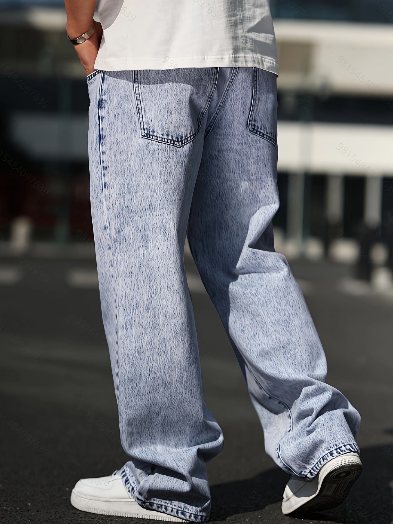 Men's Solid Wide Leg Jeans, Street Style Stylish Causal Denim Pants