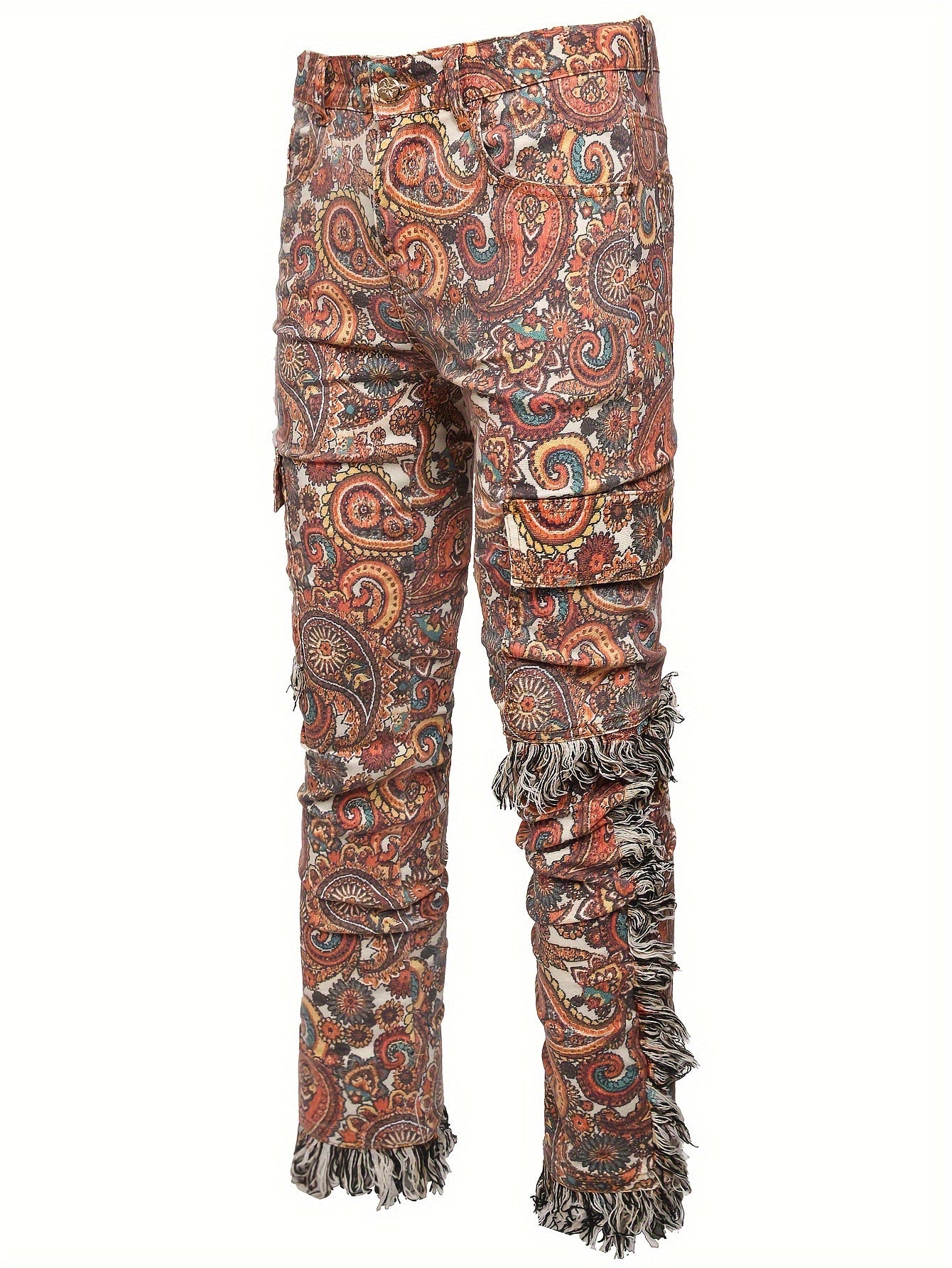 Men's Skinny Fit Stretch Denim Jeans With Floral Print, Four-Season Wear, Machine Washable