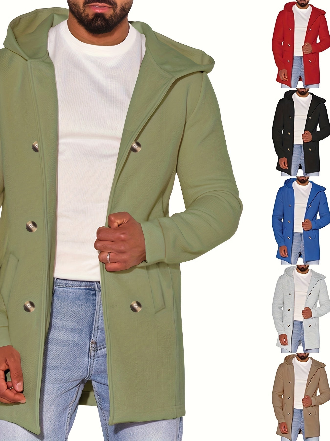 Men's Stylish Mid-Length Hooded Trench Coat - Soft Cotton Blend Knit Fabric with Slight Stretch for Comfort, Solid Color Long Sleeve Outerwear with Classic Button Details and Adjustable Cuffs for Spring/Fall Season