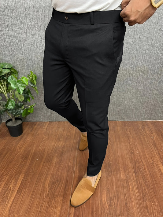 Mens Slim-Fit Elegant Slacks - Stretchy Rayon Blend Fabric, Semi-Formal Business Pants with Pockets, Button Fly Closure, Mid-Waist Design - Ideal for Mature Occasions, All-Season Wear