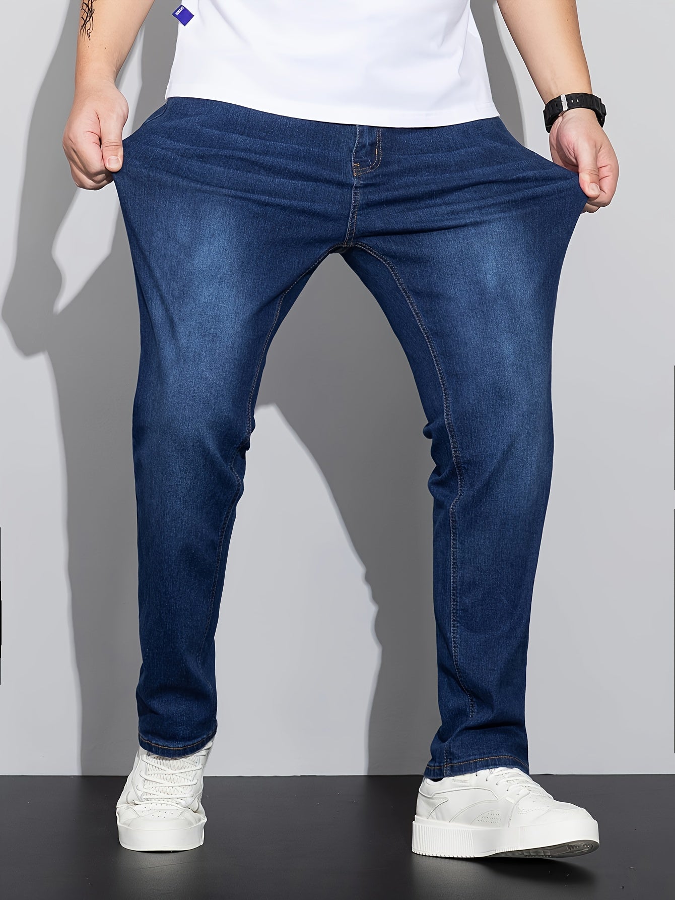 Plus Size Men's Fashionable Solid Denim Pants - Trendy Casual Street Style Jeans with Comfortable Fit, Stretchy Fabric, and Classic Five-Pocket Design for Spring and Fall Seasons