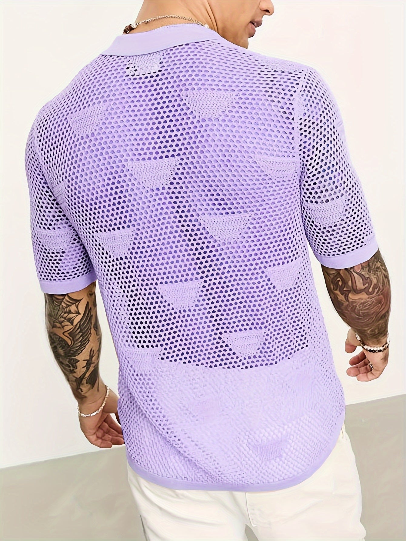 Fashion Men's See Through Breathable Short Sleeve Lapel Shirt, Men's Cotton Comfy Top For Summer Beach Party