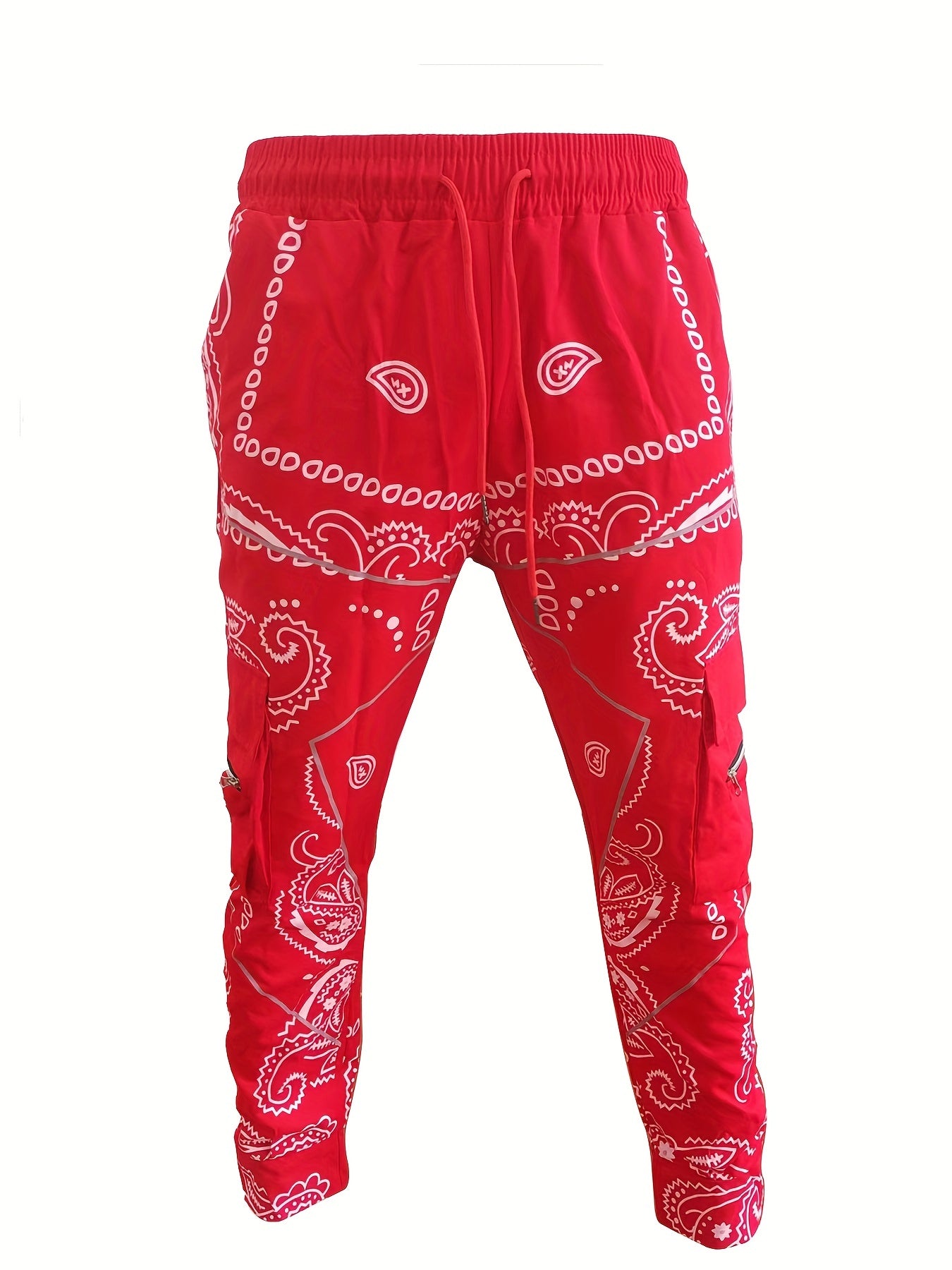 Autumn/Winter Men's Casual Paisley Joggers - Mid Waist, Drawstring, Multi-Pocket Cargo Pants