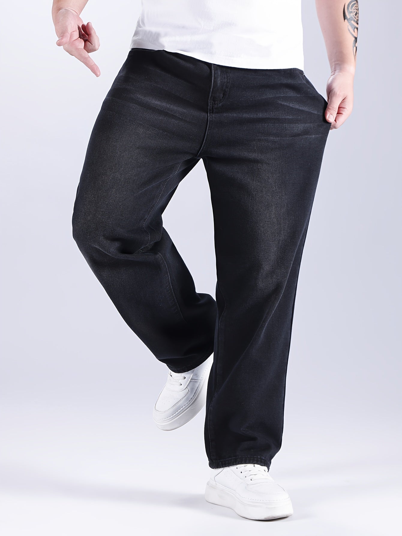 Men's Plus Size Cotton Jeans, Loose Fit, Trendy Classic Style Trousers