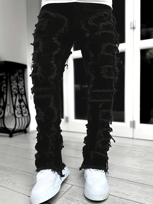 Y2k Inspired Mens Stretch Denim Jeans - Hip Hop Raw Trim, Comfortable Casual Street Style Pants