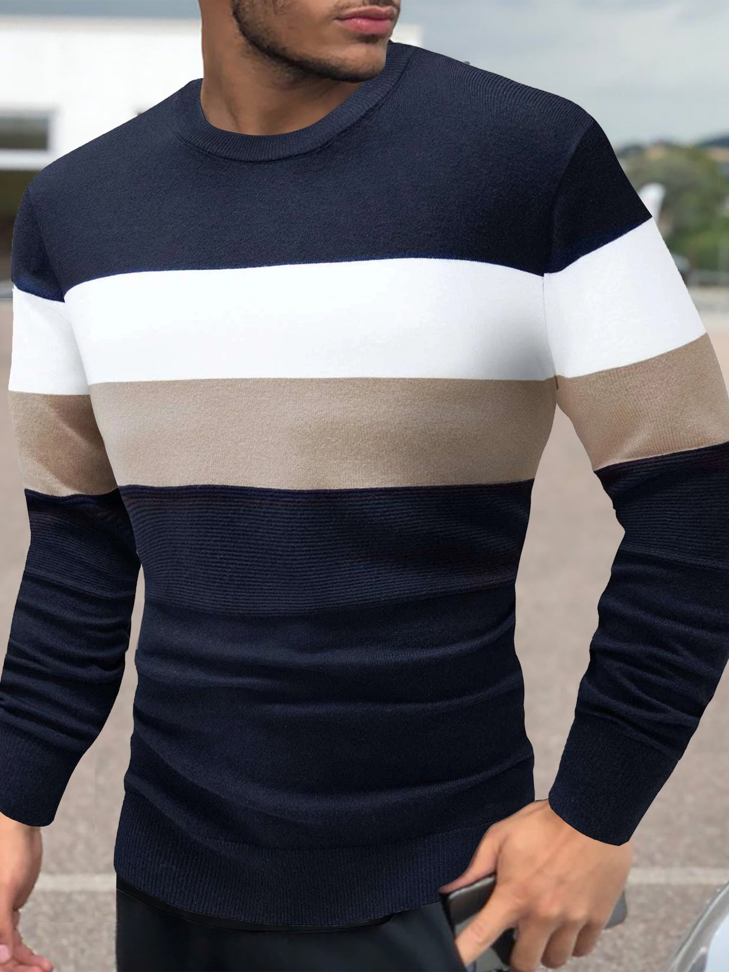 1pc, Men's Color Block Striped Knit Sweater With Crew Neck And Long Sleeves, Casual And Trendy Tops For Autumn And Winter Daily And Casual Wear