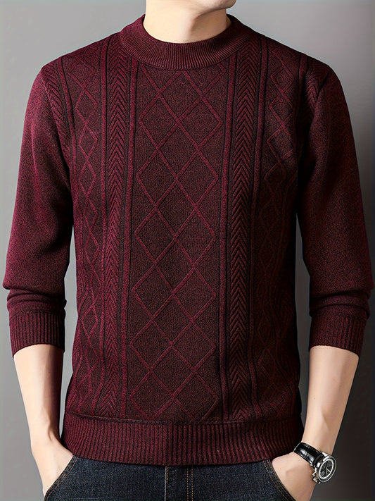 Men's Solid Knitted Pullover, Casual Long Sleeve Crew Neck Cable Knit Sweater For Fall Winter