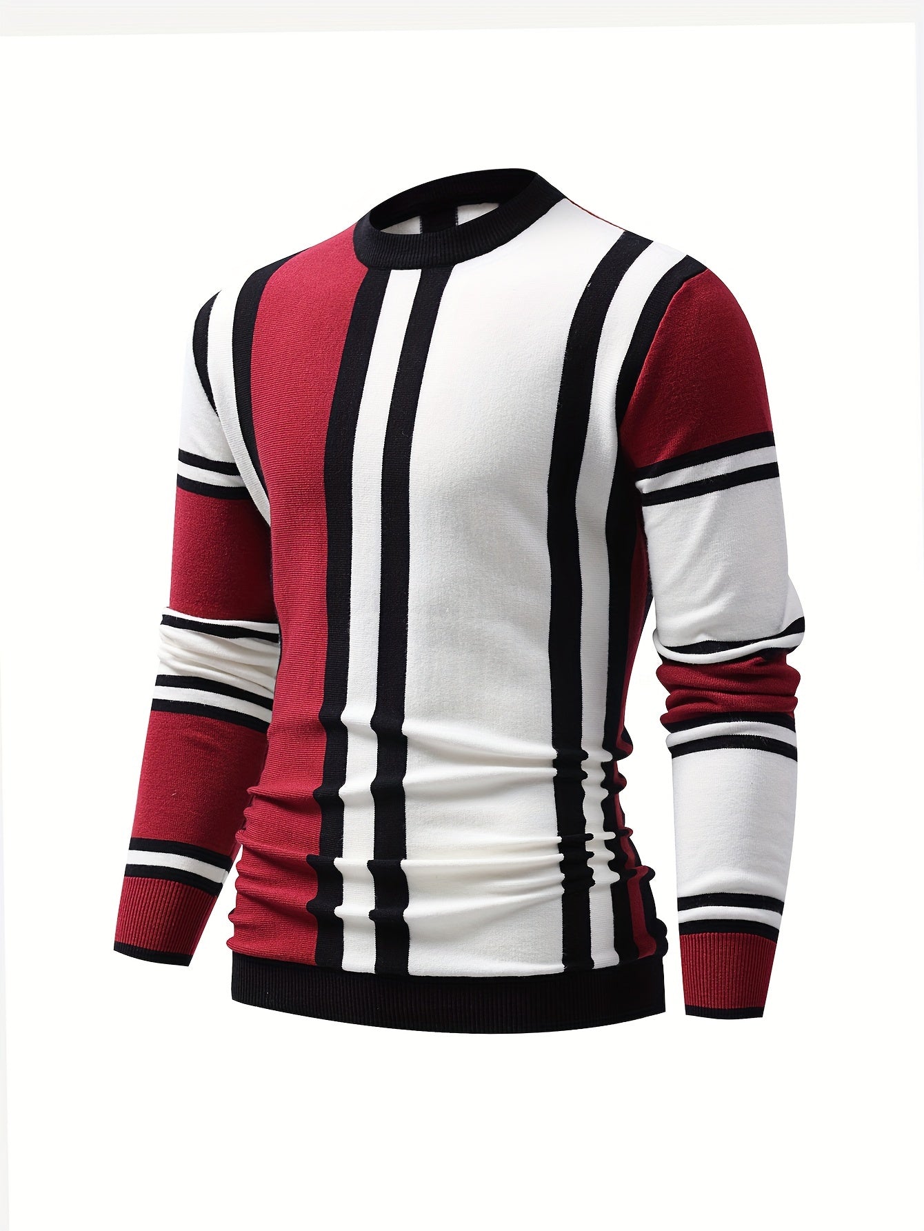 Color Block Design Chic Sweater, Men's Casual Warm High Stretch Crew Neck Pullover Sweater For Fall Winter