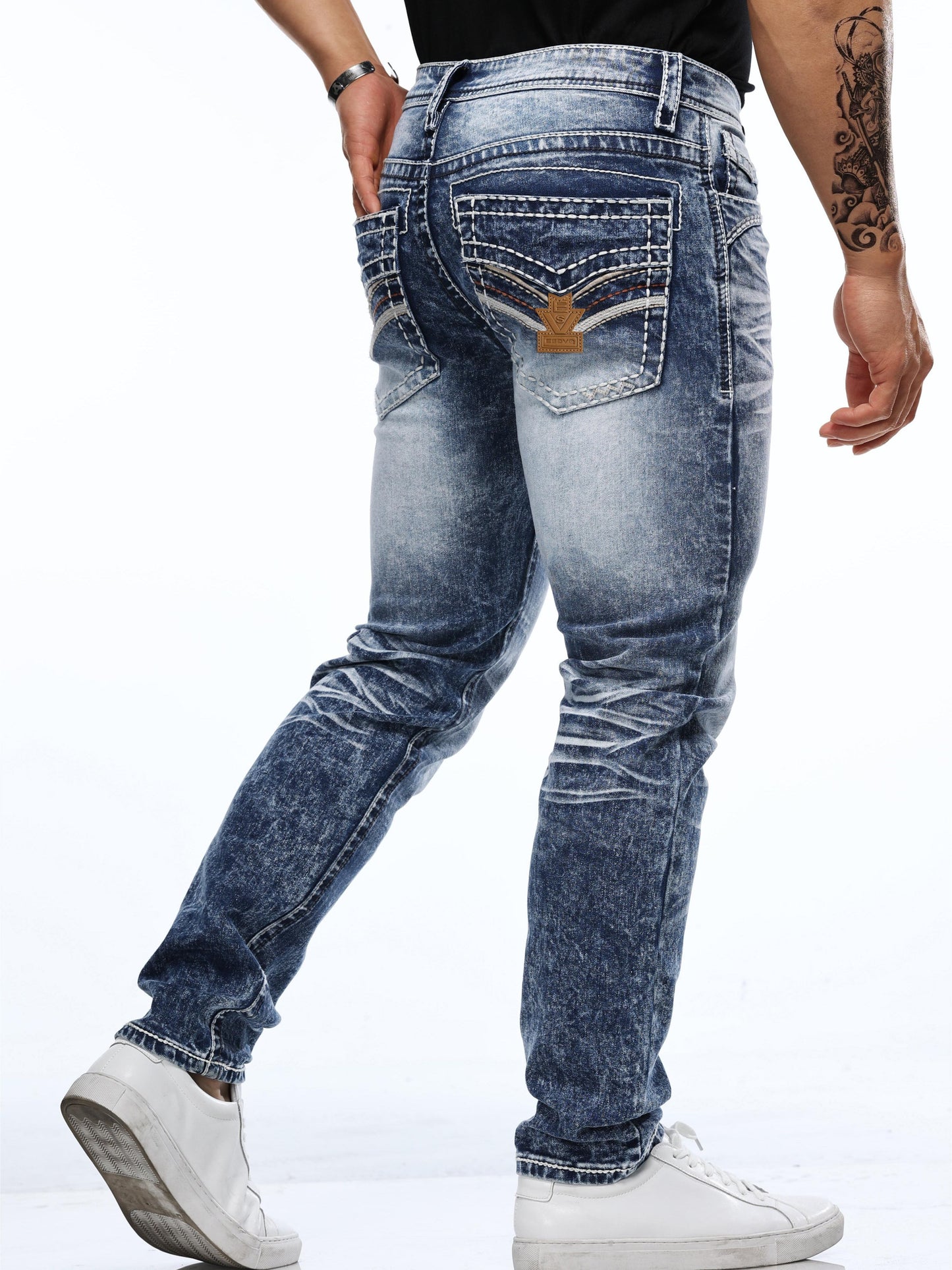 Authentic Vintage-Style Embroidered Slim Fit Jeans for Men - Premium Cotton Blend Denim with Mid-Stretch Fabric, Machine Washable, Comfortable, and Durable